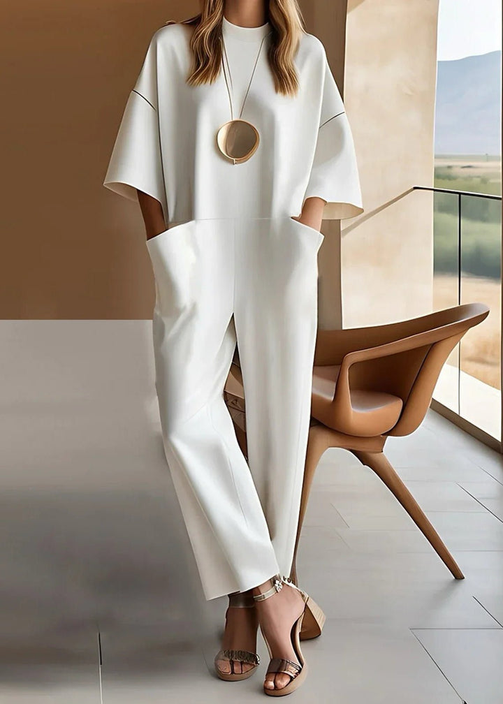 Women's Wide-Leg Short Sleeve Crew Neck Jumpsuit - White