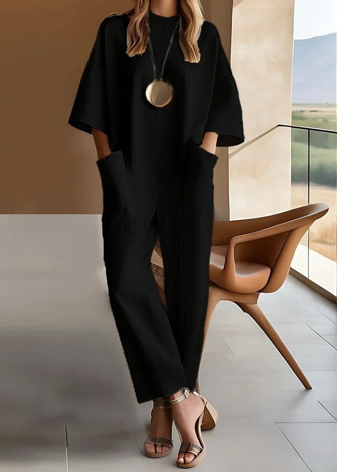 Women's Wide-Leg Short Sleeve Crew Neck Jumpsuit - Black
