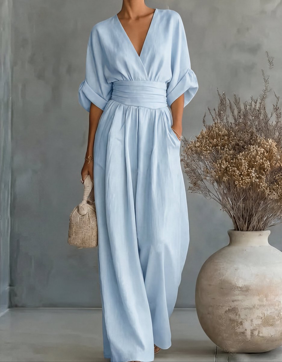 Women's Wide-Leg Wrap-Bodice Elegant Jumpsuit - Sky Blue