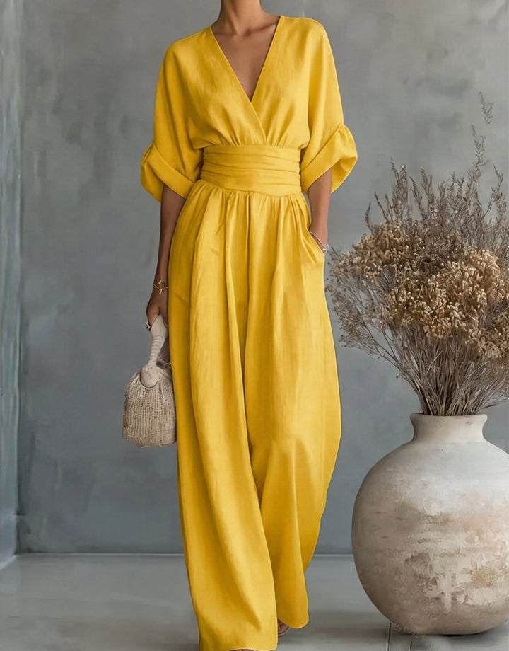 Women's Wide-Leg Wrap-Bodice Elegant Jumpsuit - Yellow