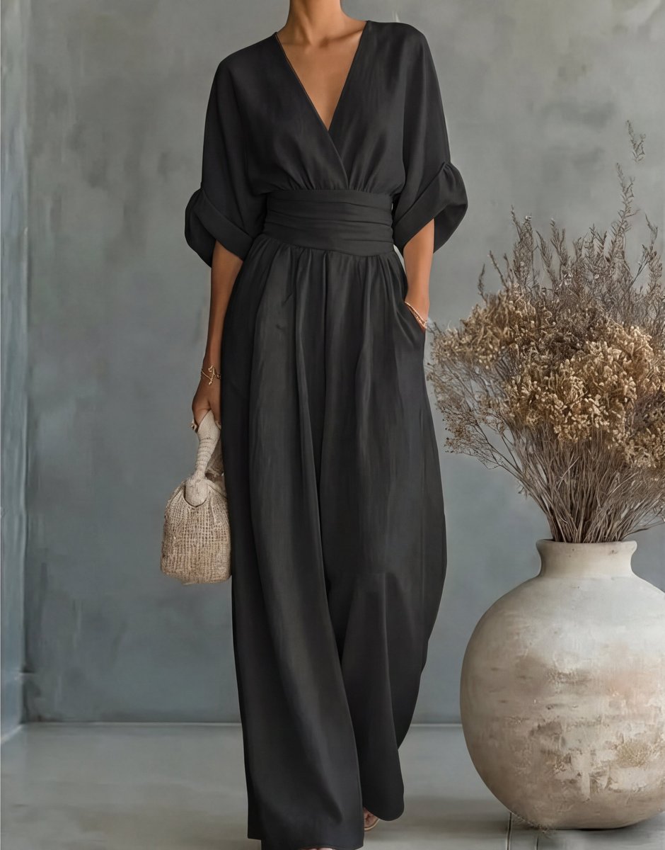 Women's Wide-Leg Wrap-Bodice Elegant Jumpsuit - Black