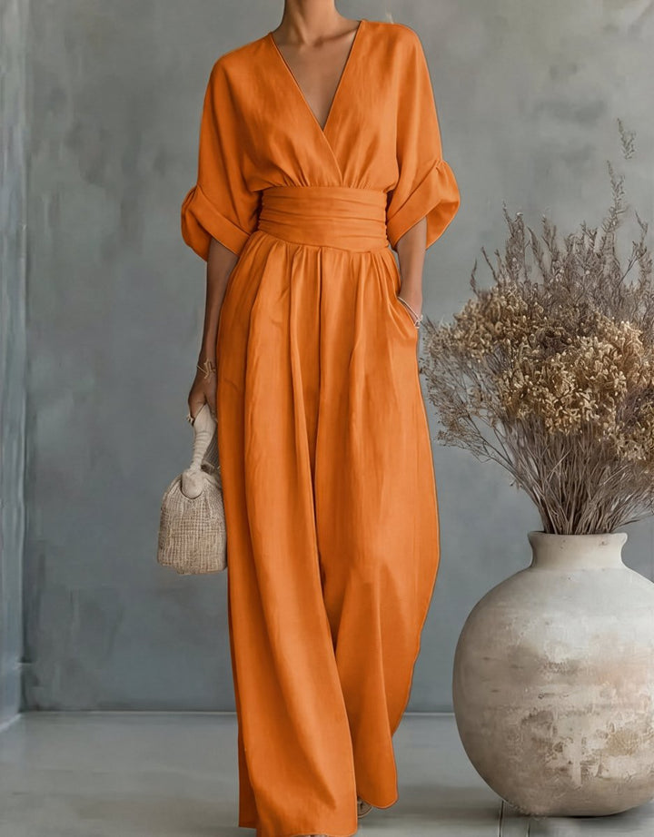 Women's Wide-Leg Wrap-Bodice Elegant Jumpsuit - Orange