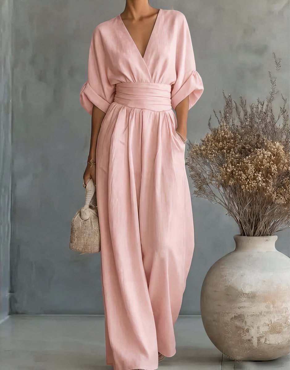 Women's Wide-Leg Wrap-Bodice Elegant Jumpsuit - Light Pink