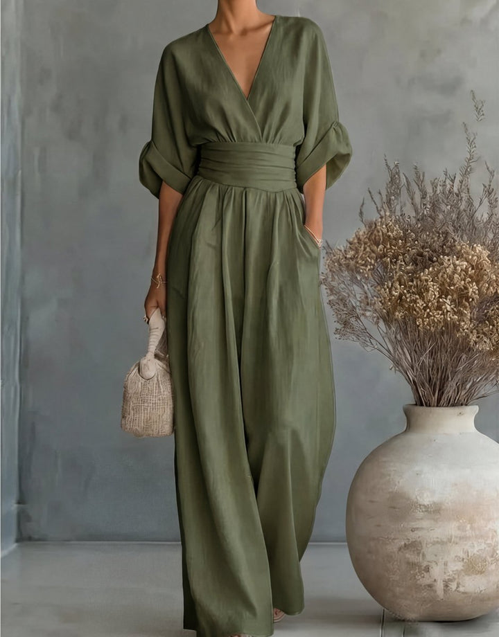 Women's Wide-Leg Wrap-Bodice Elegant Jumpsuit - Green