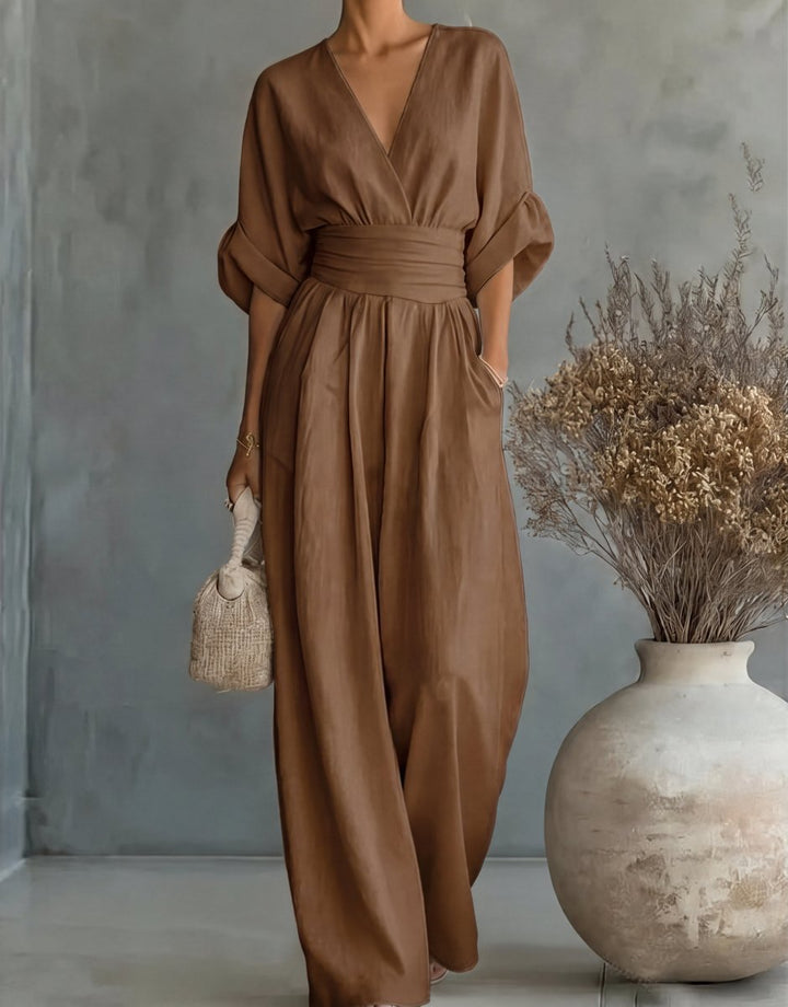 Women's Wide-Leg Wrap-Bodice Elegant Jumpsuit - Brown