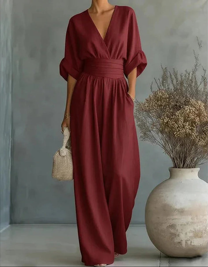 Women's Wide-Leg Wrap-Bodice Elegant Jumpsuit - Burgundy