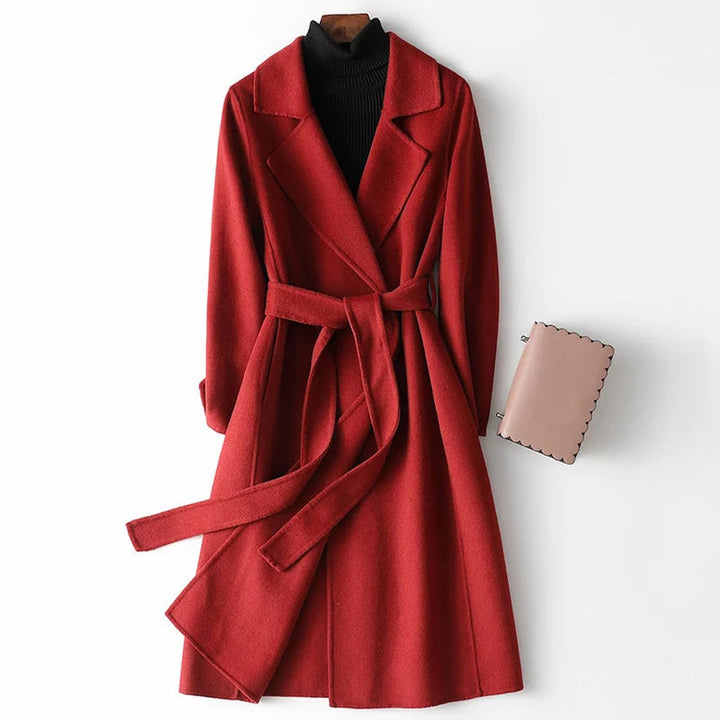 Women's Winter Coat Belted Wrap A-Line Long Outerwear - Burgundy