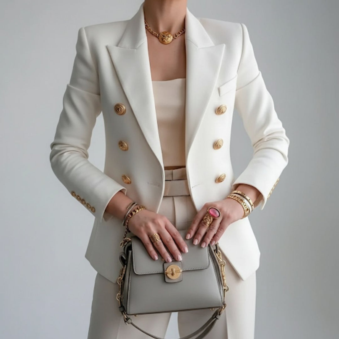 Women's Winter Coat Double-Breasted Blazer Gold Button Notch Lapel - White
