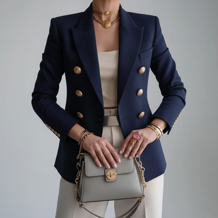 Women's Winter Coat Double-Breasted Blazer Gold Button Notch Lapel - Blue