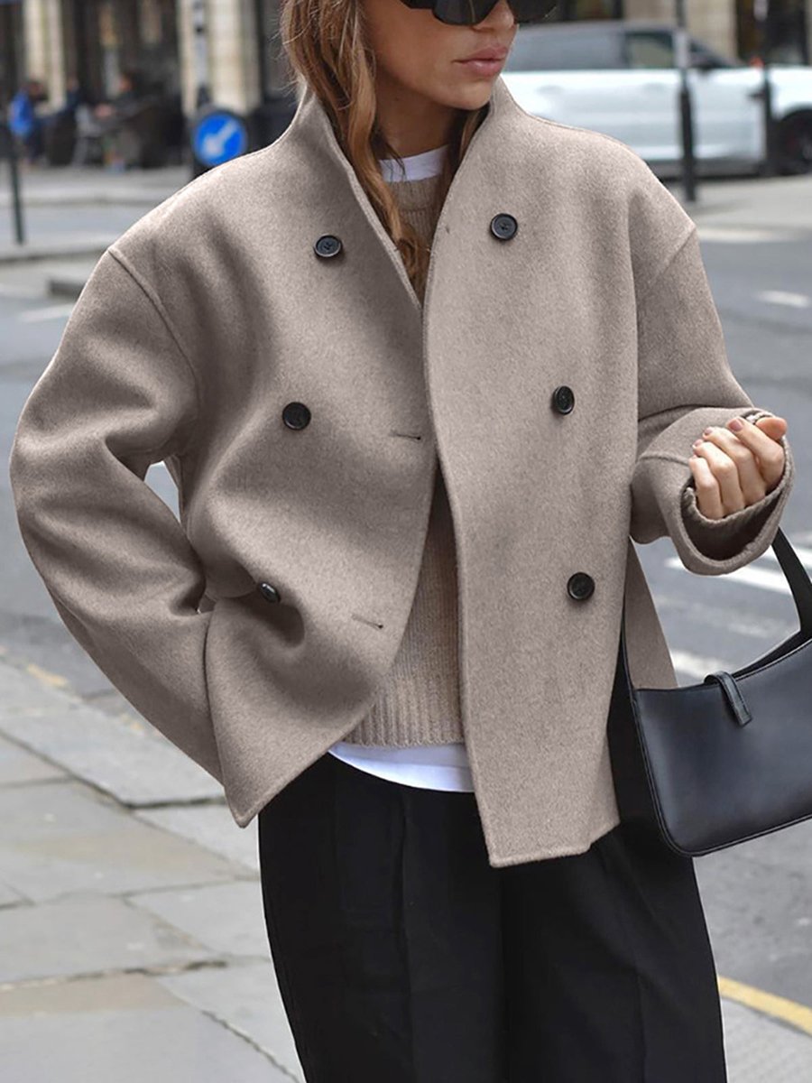 Women's Winter Coat Double Breasted Stand Collar Relaxed Fit Pea Coat - Taupe