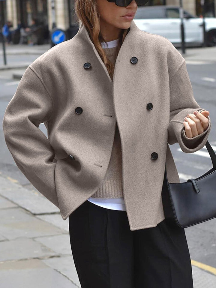 Women's Winter Coat Double Breasted Stand Collar Relaxed Fit Pea Coat - Taupe