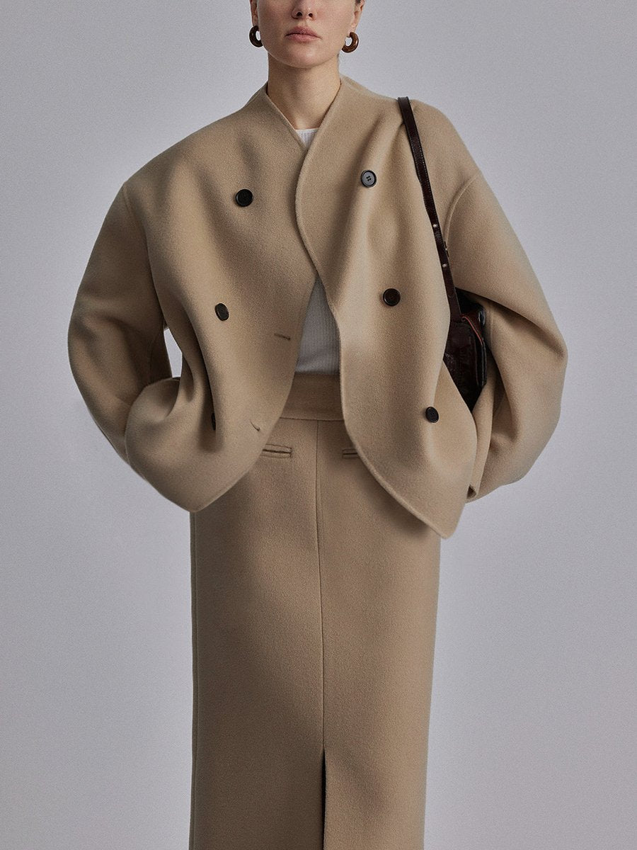 Women's Winter Coat Double Breasted Stand Collar Relaxed Fit Pea Coat - Khaki