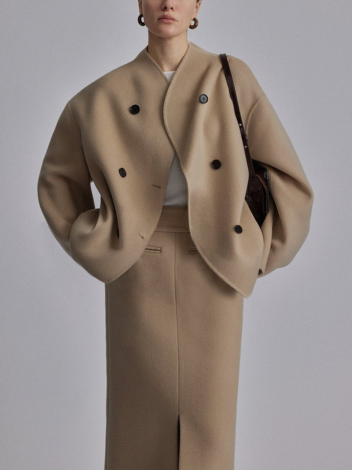 Women's Winter Coat Double Breasted Stand Collar Relaxed Fit Pea Coat - Khaki