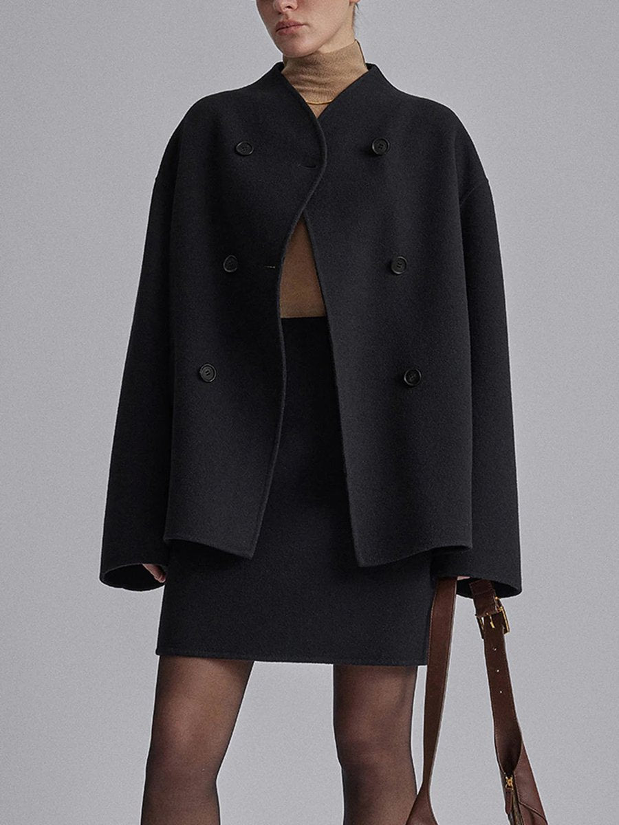 Women's Winter Coat Double Breasted Stand Collar Relaxed Fit Pea Coat - Black