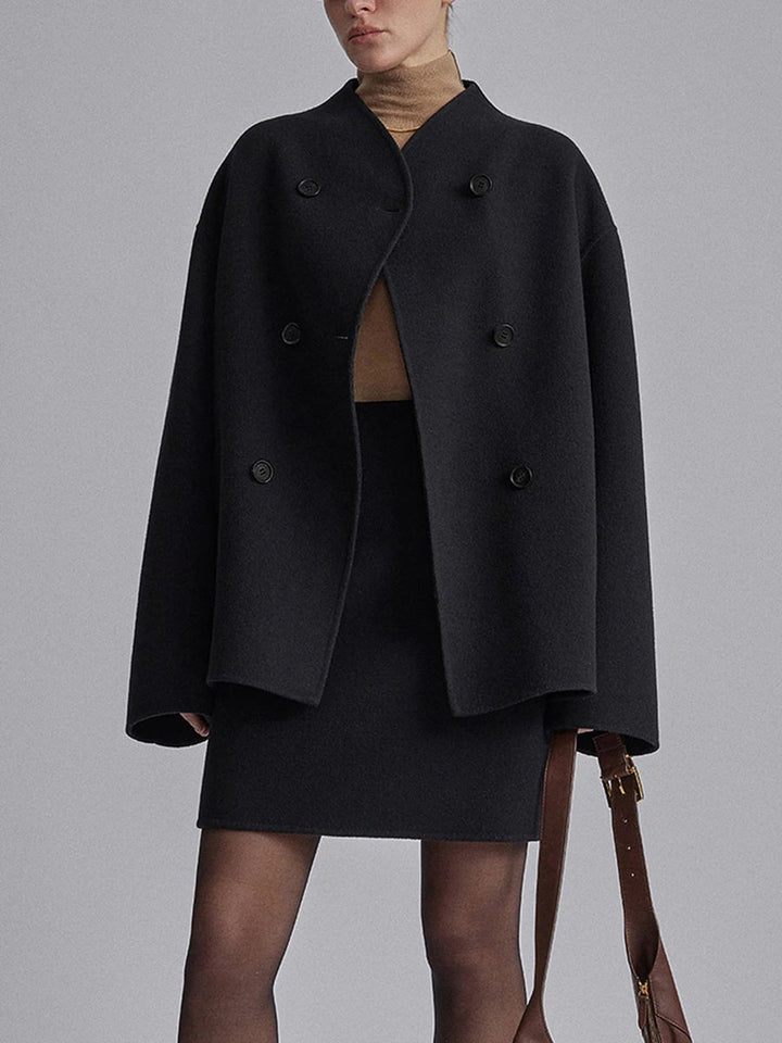 Women's Winter Coat Double Breasted Stand Collar Relaxed Fit Pea Coat - Black