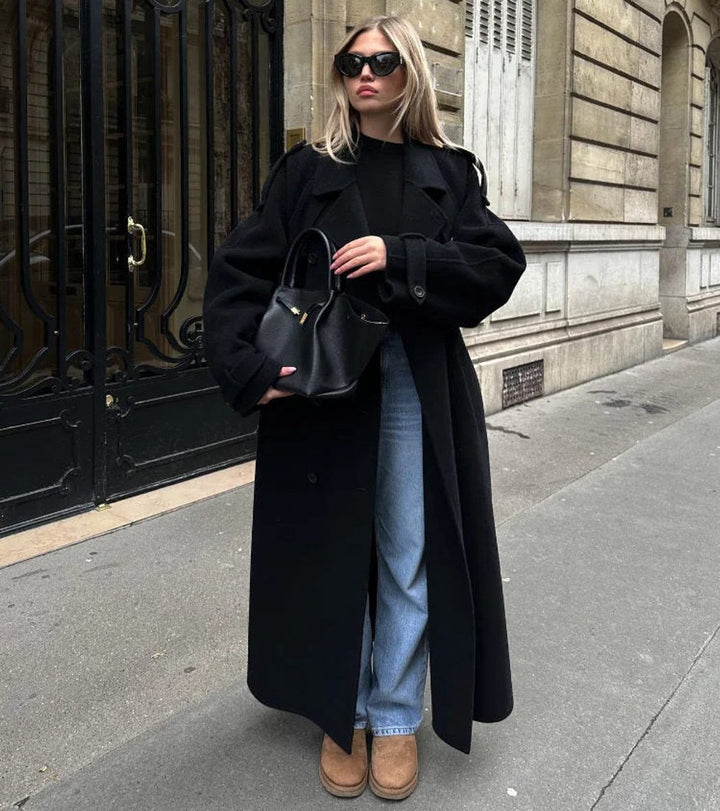 Women's Winter Coat Long Double-Breasted Belted Wool-Look Trench - Black