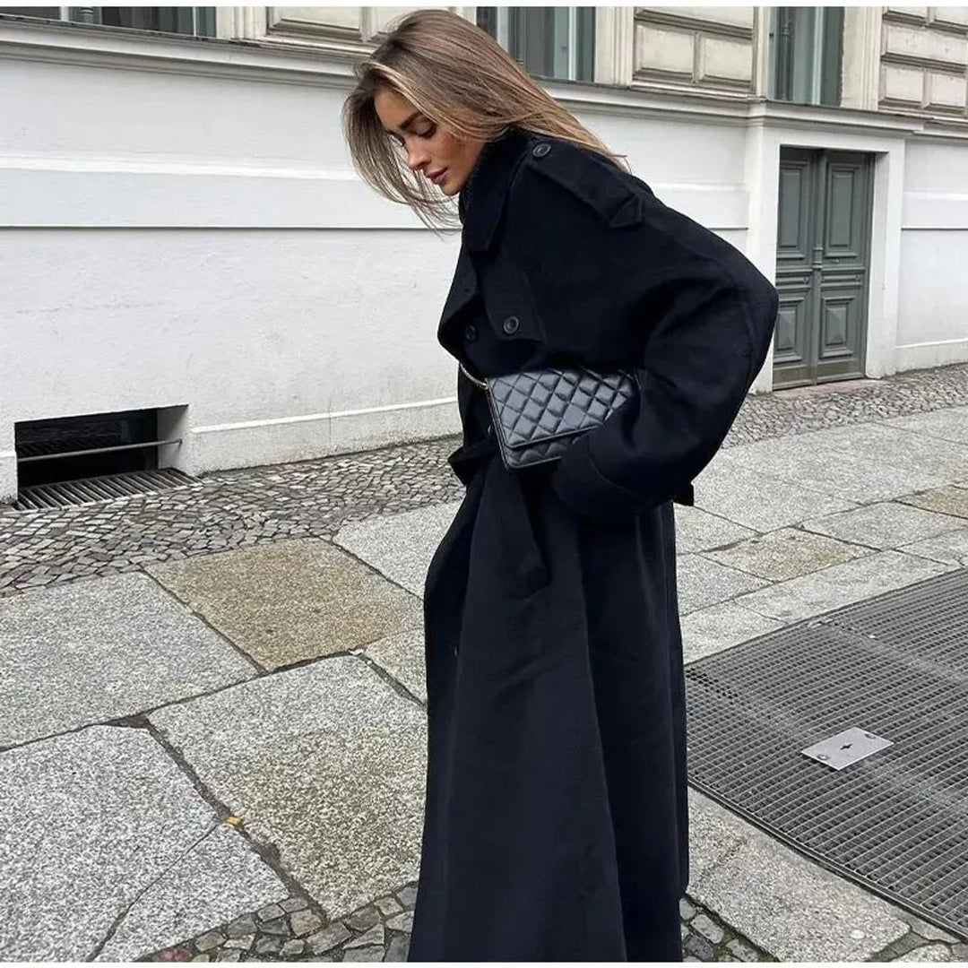 Women's Winter Coat Long Double-Breasted Belted Wool-Look Trench