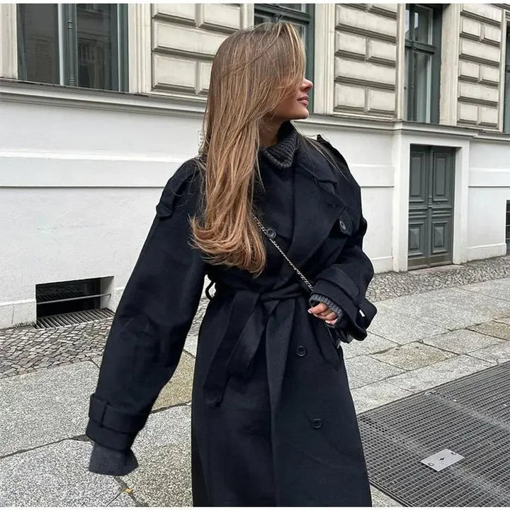 Women's Winter Coat Long Double-Breasted Belted Wool-Look Trench