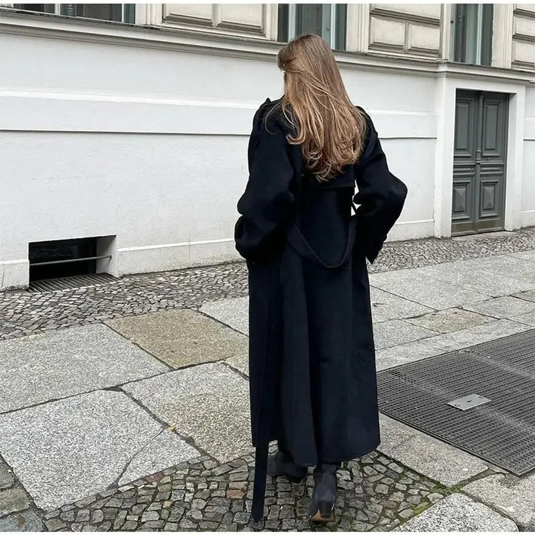 Women's Winter Coat Long Double-Breasted Belted Wool-Look Trench