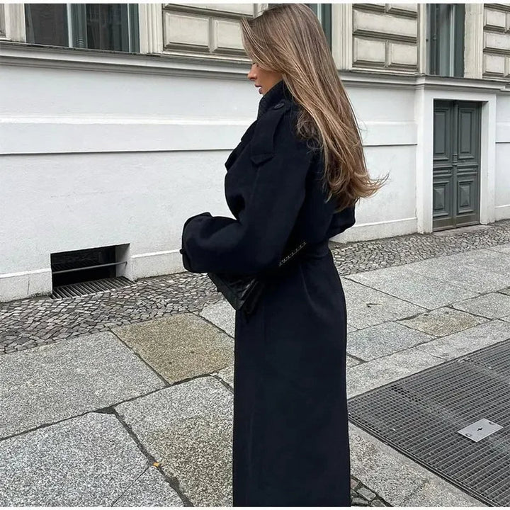 Women's Winter Coat Long Double-Breasted Belted Wool-Look Trench