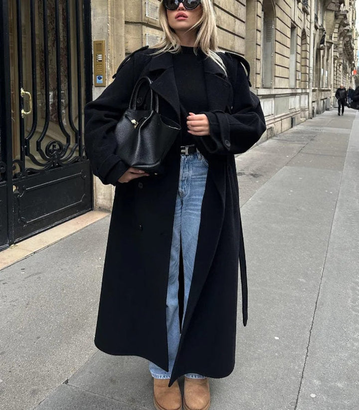 Women's Winter Coat Long Double-Breasted Belted Wool-Look Trench