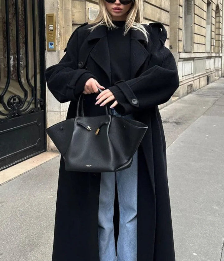 Women's Winter Coat Long Double-Breasted Belted Wool-Look Trench