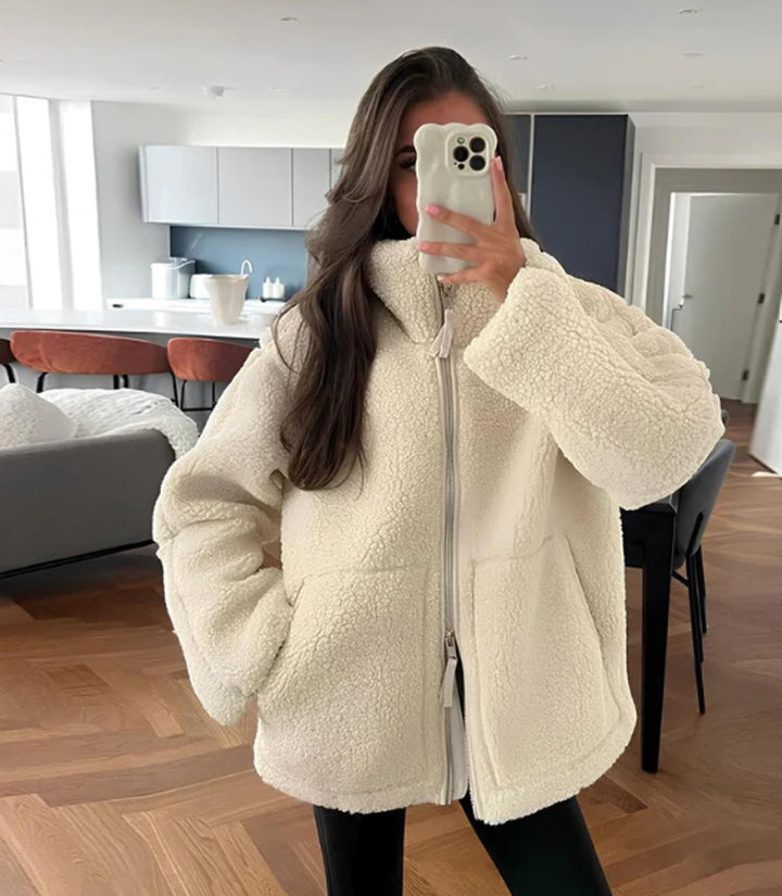 Women's Winter Coat Relaxed Fit Teddy Fleece Zip-Up Jacket - White