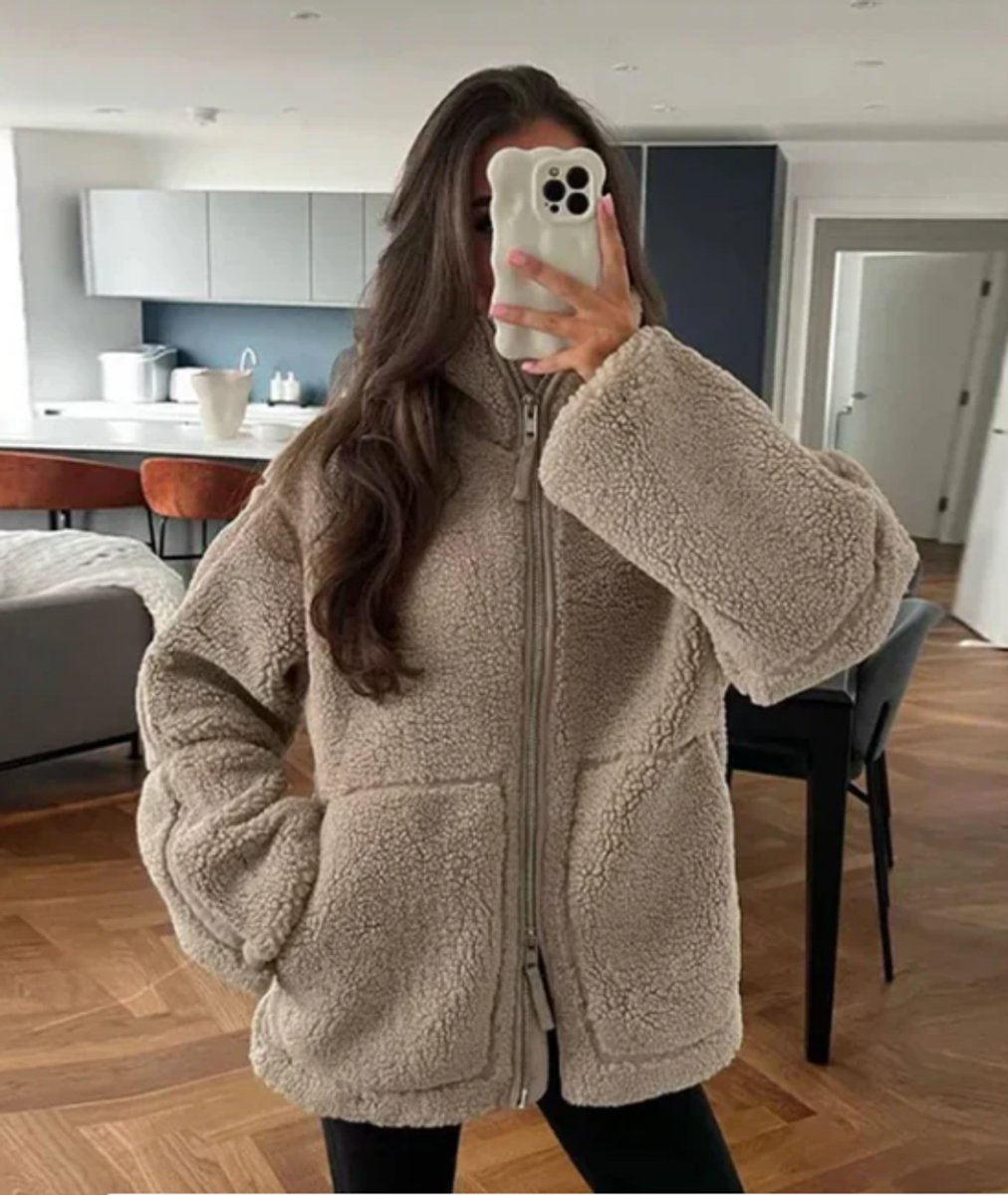 Women's Winter Coat Relaxed Fit Teddy Fleece Zip-Up Jacket - Bronze