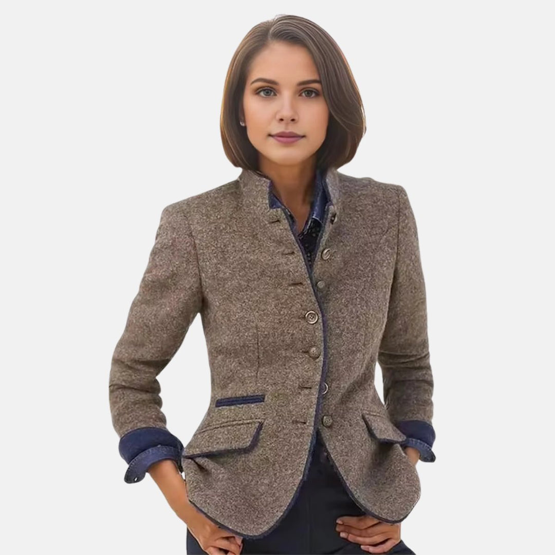 Women's Winter Coat Tweed Wool-Blend Stand-Collar Blazer Jacket - Brown