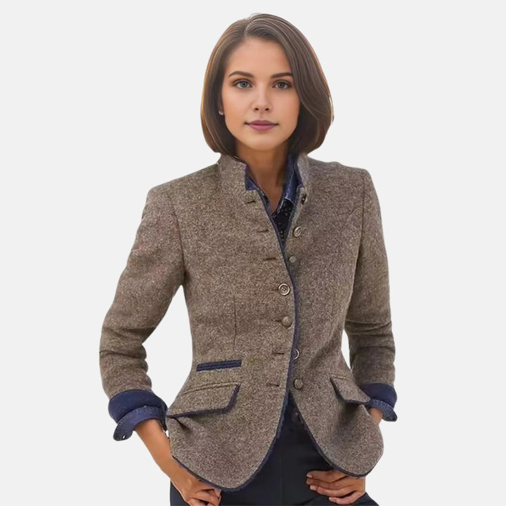 Women's Winter Coat Tweed Wool-Blend Stand-Collar Blazer Jacket - Brown
