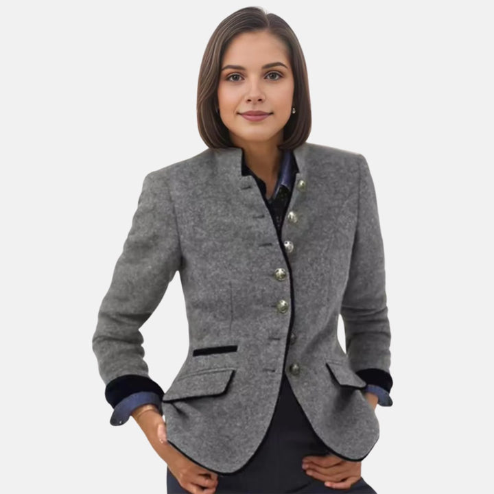 Women's Winter Coat Tweed Wool-Blend Stand-Collar Blazer Jacket - Gray