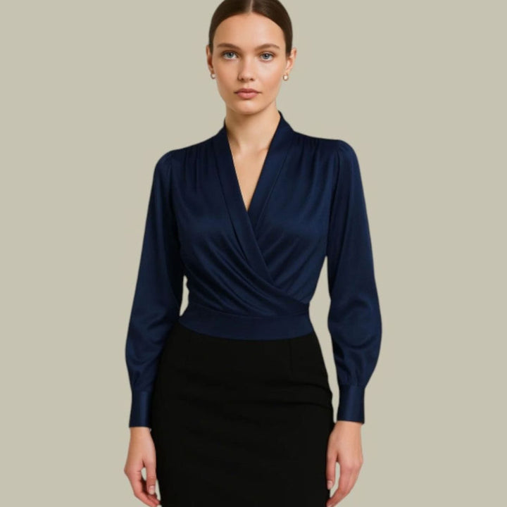 Women's Wrap-Front Long-Sleeve V-Neck Satin Blouses - Blue