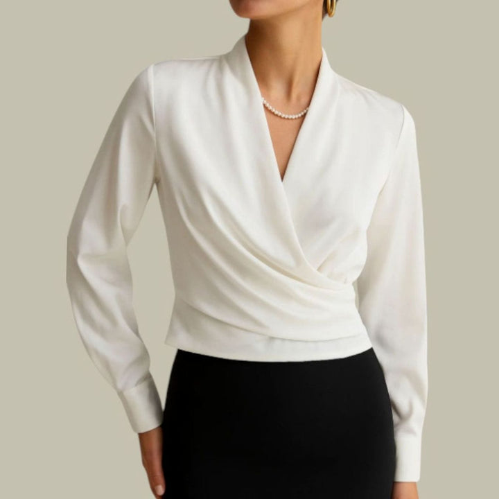 Women's Wrap-Front Long-Sleeve V-Neck Satin Blouses - White