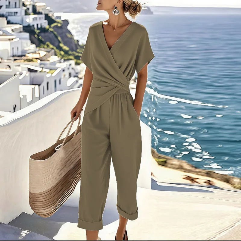 Women's Wrap-Front V-Neck Short Sleeve Relaxed Jumpsuit - Khaki
