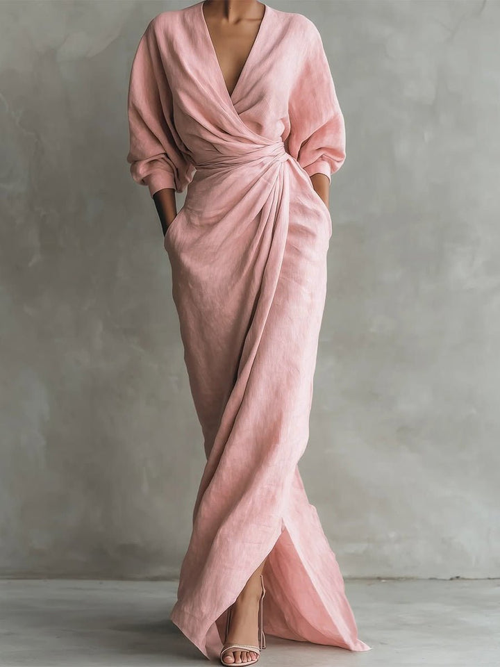 Women's Wrap Maxi Long Sleeve Dress V-Neck Draped - Pink