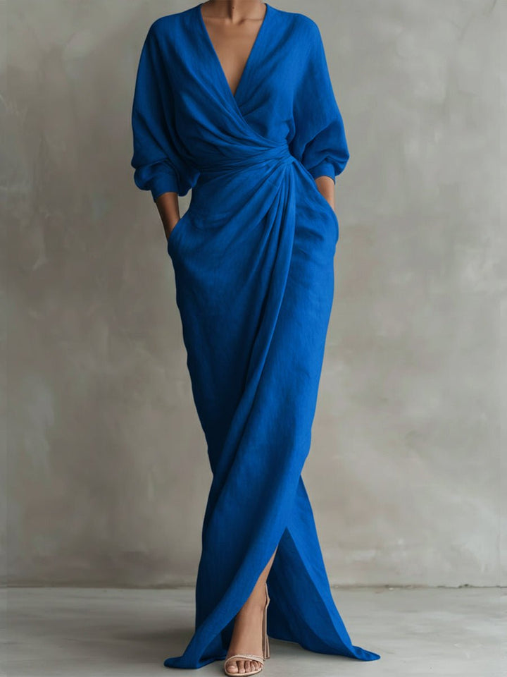 Women's Wrap Maxi Long Sleeve Dress V-Neck Draped - Blue