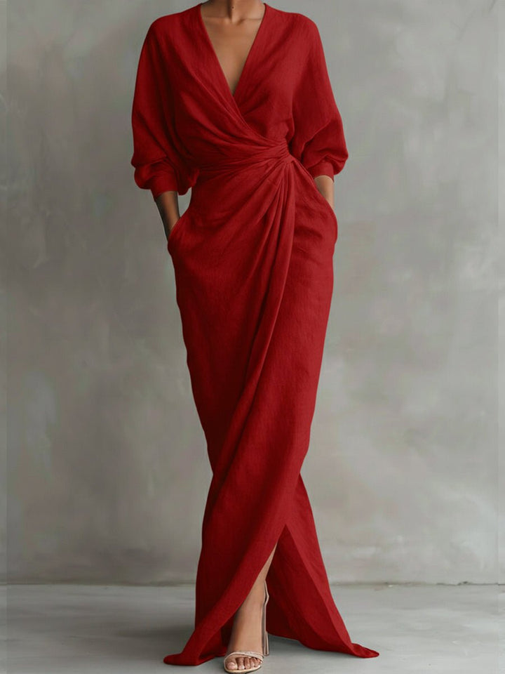 Women's Wrap Maxi Long Sleeve Dress V-Neck Draped - Red