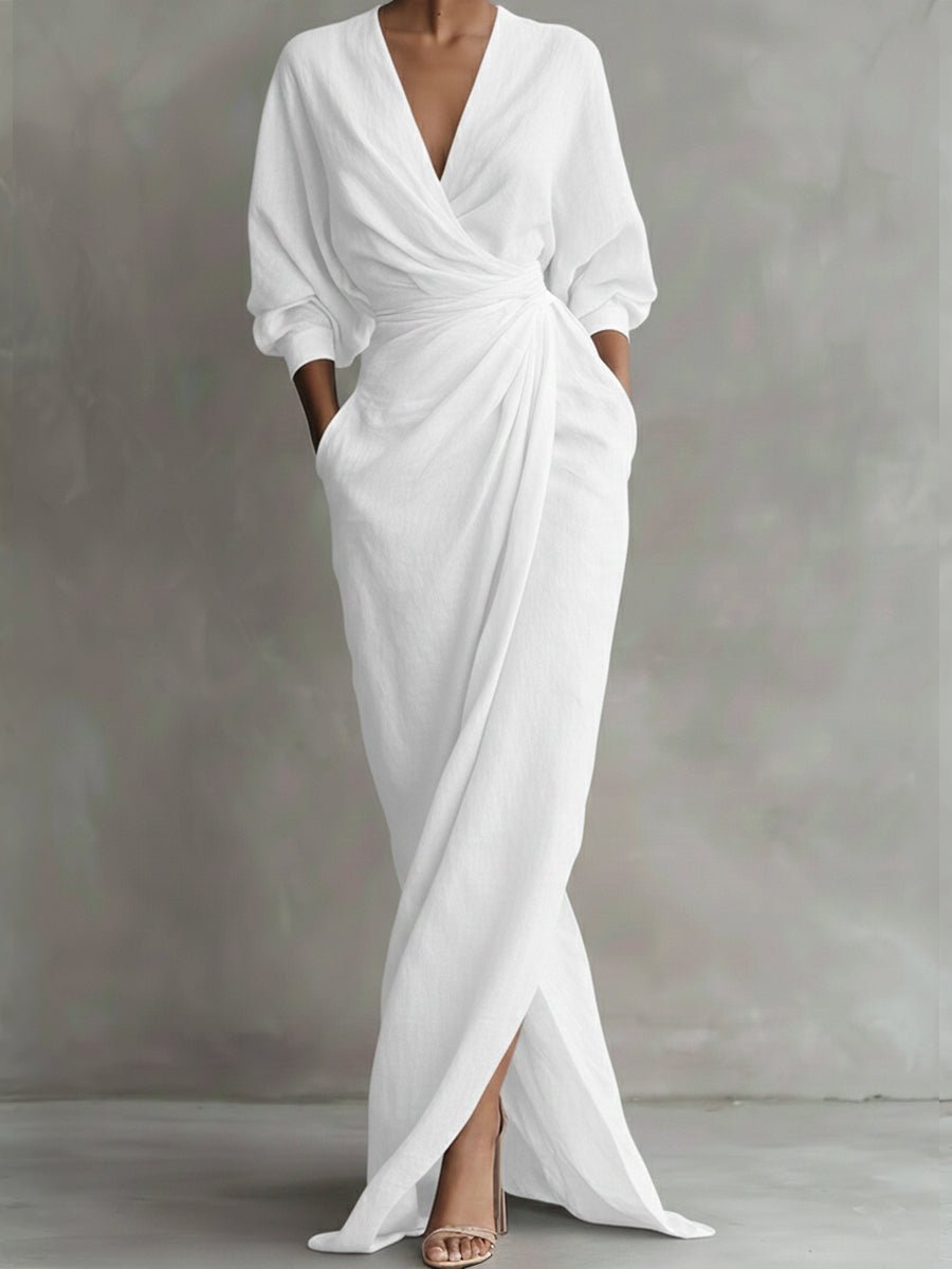 Women's Wrap Maxi Long Sleeve Dress V-Neck Draped - White