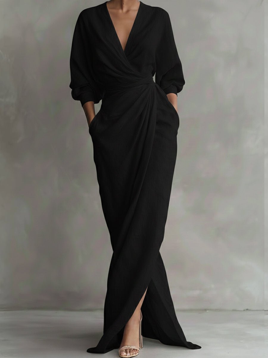 Women's Wrap Maxi Long Sleeve Dress V-Neck Draped - Black