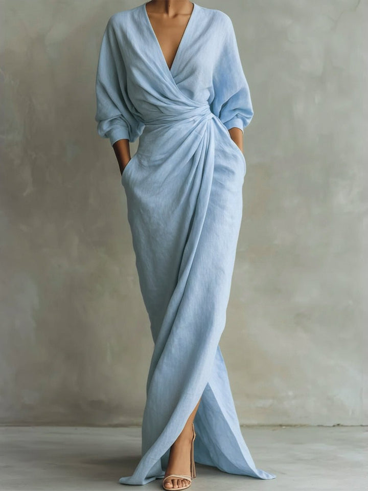 Women's Wrap Maxi Long Sleeve Dress V-Neck Draped - Light Blue