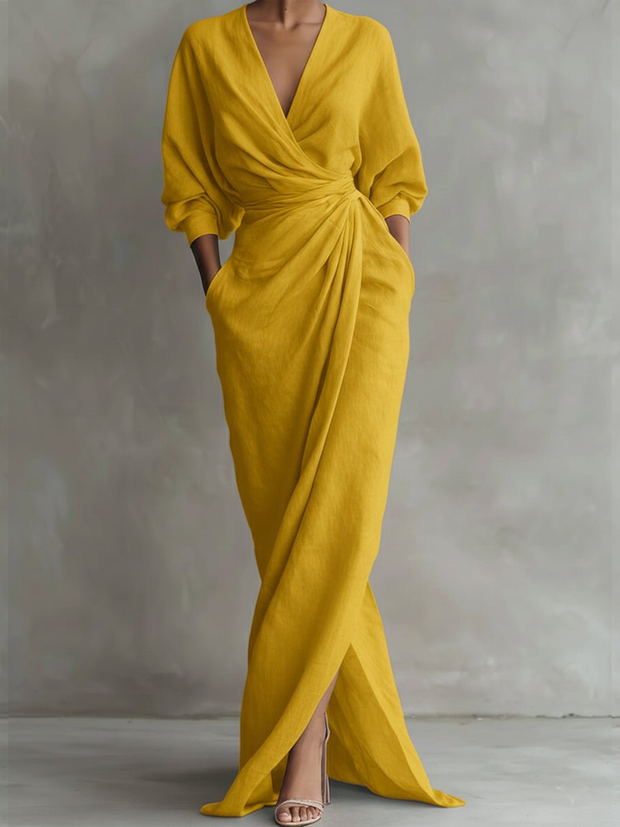 Women's Wrap Maxi Long Sleeve Dress V-Neck Draped - Yellow